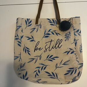 Be Still Canvas Tote Bag with Blue Leaf Design